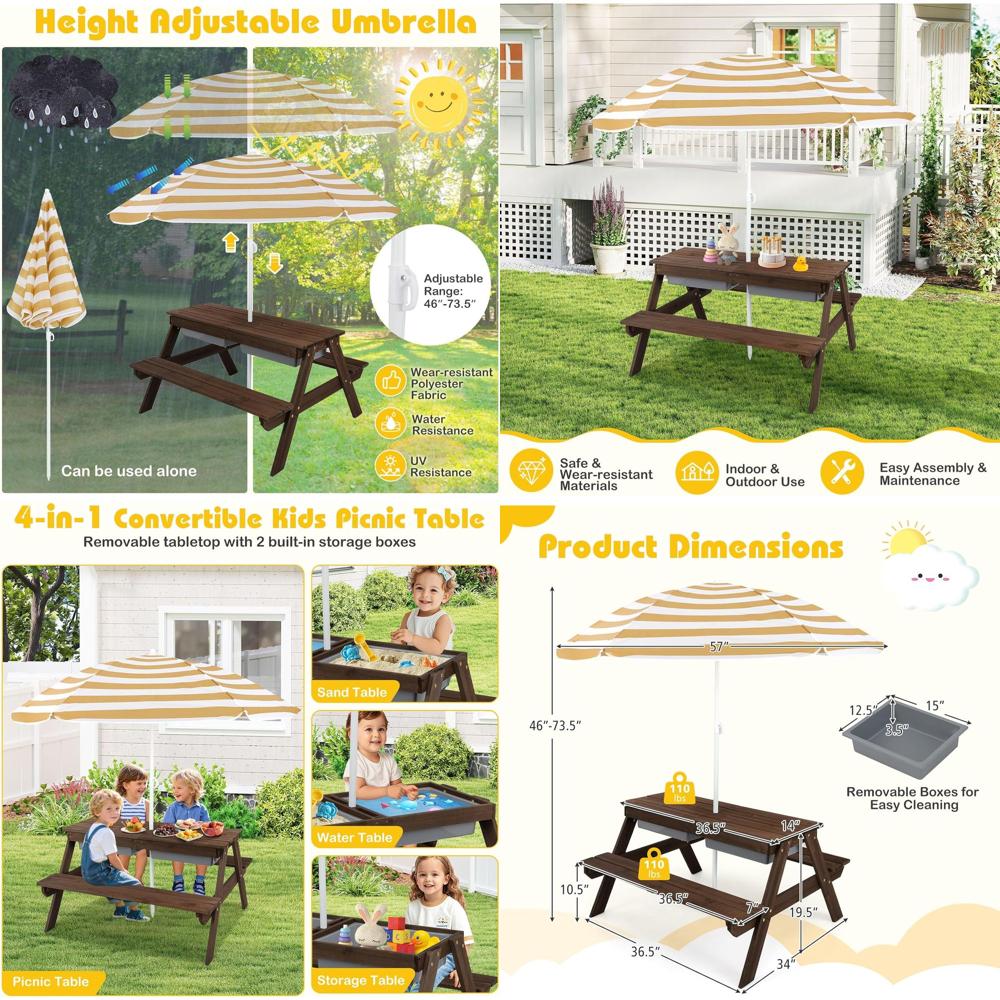 Kids Outdoor Umbrella For Table - Kids Picnic Table with Sensory Bins,