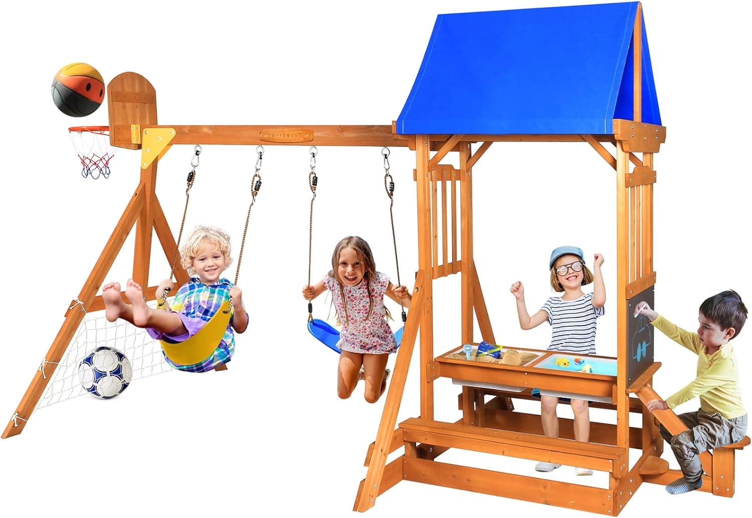 Kids Outdoor Wooden Playset - 6-in-1 Wooden Playground Playsets for Backyards,