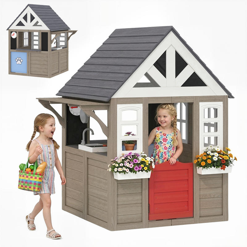 Qaba Kids Outdoor Playhouse - Qaba Outdoor Playhouse, Wooden Kids Playhouse