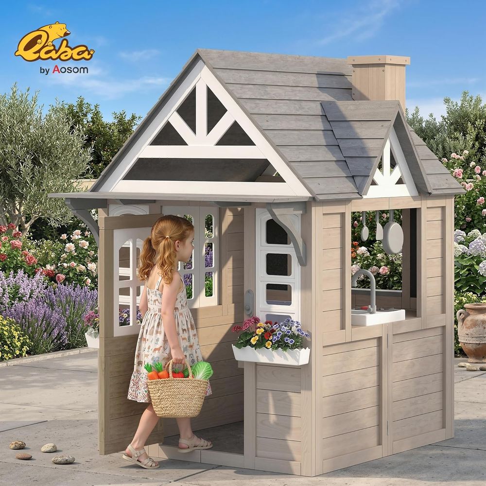 Qaba Outdoor Playhouse, Wooden - Qaba Kids Outdoor Playhouse recensione e prezzo